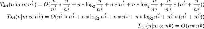 T_{del}(n|m \propto n^\frac{1}{3}) = O(\frac{n}{n^\frac{1}{3}} *
\frac{n}{n^\frac{1}{3}} + n * \log_2{\frac{n}{n^\frac{1}{3}}} + n *
n^\frac{1}{3} + n * \log_2{\frac{n}{n^\frac{1}{3}}} +
\frac{n}{n^\frac{1}{3}} * (n^\frac{1}{3} + \frac{n}{n^\frac{1}{3}}))

T_{del}(n|m \propto n^\frac{1}{3}) = O(n^\frac{2}{3} * n^\frac{2}{3} +
n * \log_2{n^\frac{2}{3}} + n * n^\frac{1}{3} + n * \log_2{n^\frac{2}{3}} +
n^\frac{2}{3} * (n^\frac{1}{3} + n^\frac{2}{3}))

T_{del}(n|m \propto n^\frac{1}{3}) = O(n * n^\frac{1}{3})