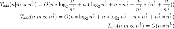 T_{add}(n|m \propto n^\frac{1}{3}) = O(n * \log_2{\frac{n}{n^\frac{1}{3}}} +
n * \log_2{n^\frac{1}{3}} + n * n^\frac{1}{3} + \frac{n}{n^\frac{1}{3}} *
(n^\frac{1}{3} + \frac{n}{n^\frac{1}{3}}))

T_{add}(n|m \propto n^\frac{1}{3}) = O(n * \log_2{n^\frac{2}{3}} + n *
\log_2{n^\frac{1}{3}} + n*n^\frac{1}{3} + n^\frac{2}{3}*n^\frac{1}{3})

T_{add}(n|m \propto n^\frac{1}{3}) = O(n * n^\frac{1}{3})